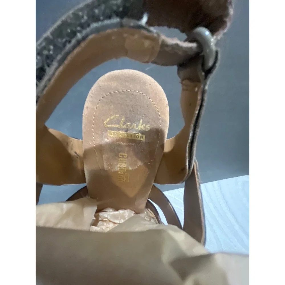 Clarks Collection Taupe Leather Lace Up Cork Wedge Sandals Womens 9 Cushion Soft